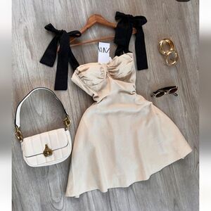 ZARA RUFFLED MINI DRESS bow black linen